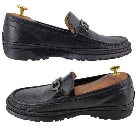 Salvatore Ferragamo Italy Black Leather Bit Loafers Men 8.5 Dress Shoes Lug Sole - Picture 8 of 12